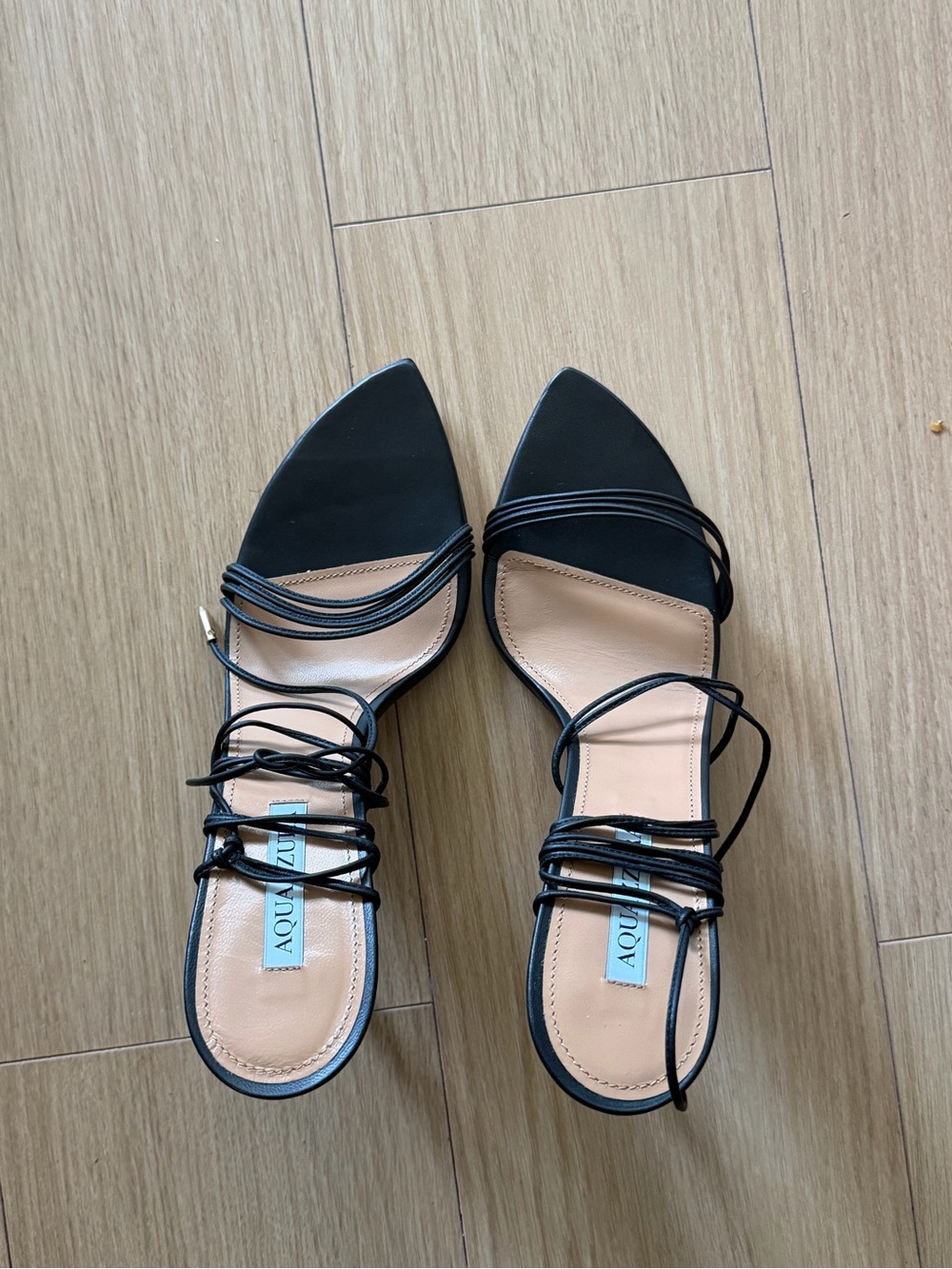 Aquazzura Black Pointed Strappy Lace-Up Flats